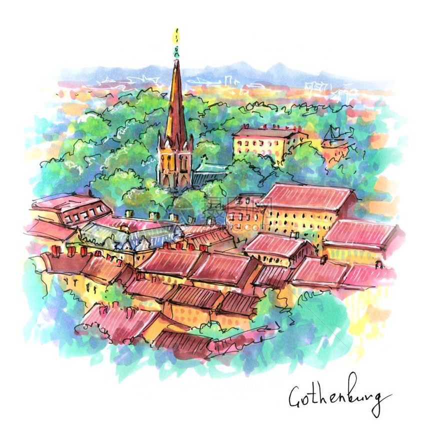 彩色手绘瑞典哥德堡老城的景色空中观察图片制作标记瑞典哥德堡的空中观察图片