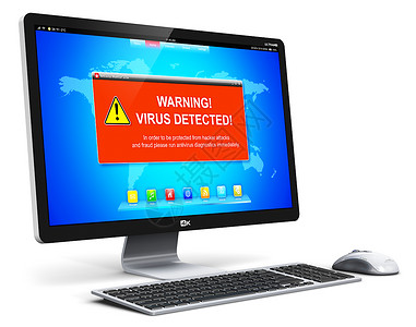 病毒攻击具有创意的抽象互联网络安全技术和系统商业通信概念3D演示现代黑色光彩金属台式计算机在白色背景的屏幕显示器上单独警报攻击信息背景