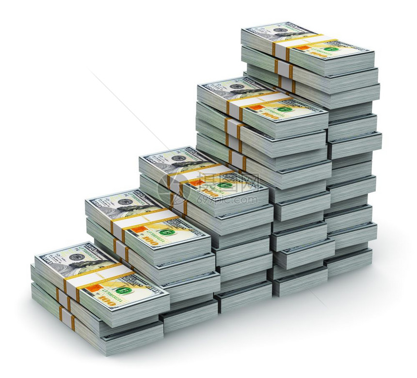 创意抽象商业金融成功增长发展和创造货币概念3D展示了2013年美元新版钞票或白背景孤立的钞票堆中不断增长的条形图图片