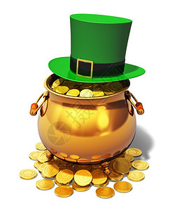 帽子中的金币创意抽象的StPatricksDay爱尔兰传统节日庆祝活动商业银行成功和金融财富概念一锅满闪亮金币和白背景孤立的绿色Leprec背景