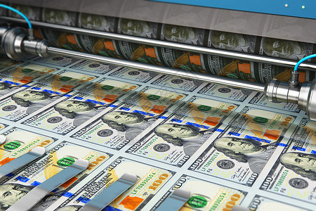 商业成功金融银行会计和货币创造概念印刷机机10美元纸钞背景图片