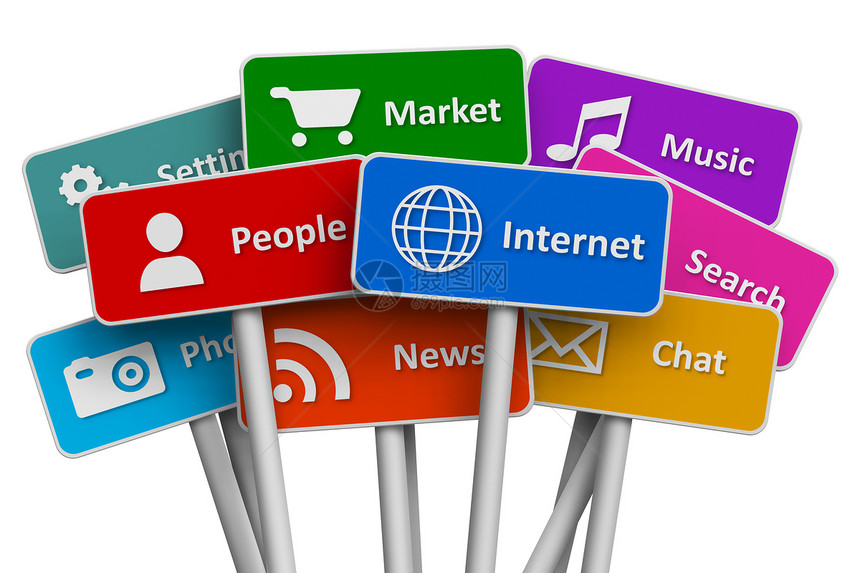 互联网和社交媒体概念一组彩色标志带有互联网和社交媒体服务图标白背景孤立图片