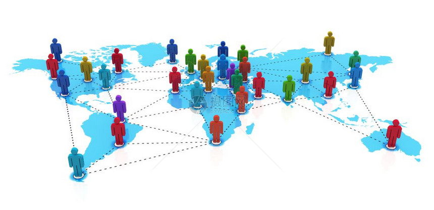社会网络概念蓝色世界上以白色背景孤立的颜人类数字组图片