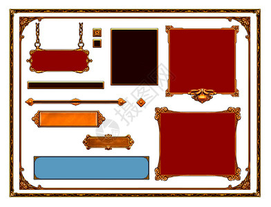 经典计算机游戏风格中的经典计算机游戏风格中绘制的一套用户界面元素白色背景上的金和红框窗口和按钮油漆的圆形金色和红用户界面框架和按背景图片