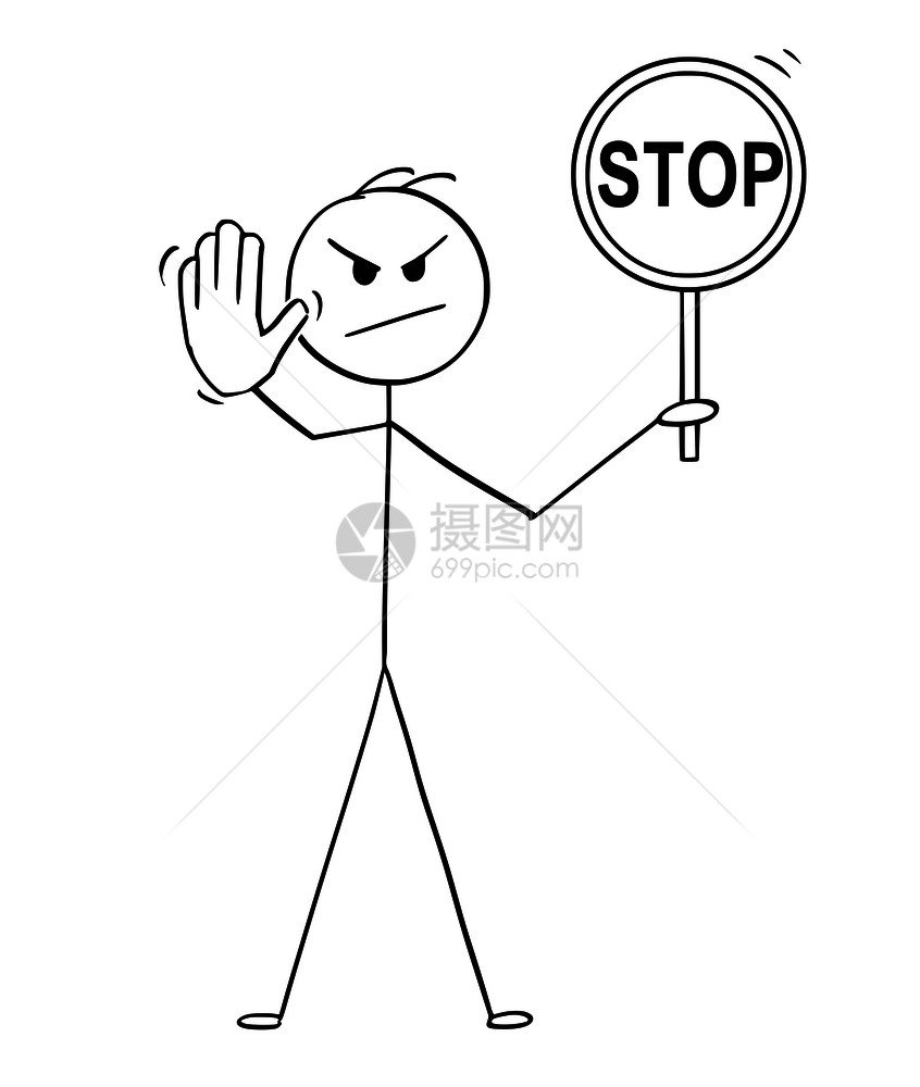 卡通棍子画出一个概念插图说明男子持有停牌并展示手势图片