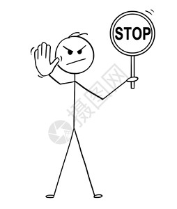 卡通棍子画出一个概念插图说明男子持有停牌并展示手势插画