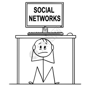 卡通插画图描绘坐在办公桌下屏幕上带有社交网络文字的有压力男子或商人坐在有计算机和社会网络的有压力男子或商人挂图中背景图片