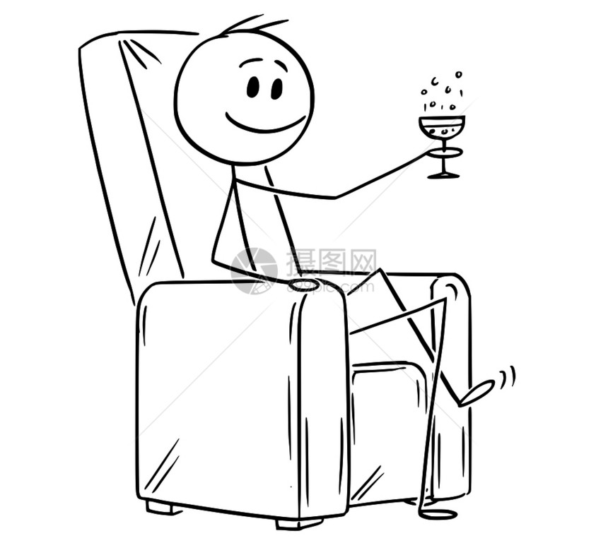 卡通棍子描绘幸福成功的人或商坐在扶椅上举杯香槟或葡萄酒图片