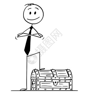卡通棍在概念上展示自信的微笑人或商站在木藏宝箱上双手交叉背景图片