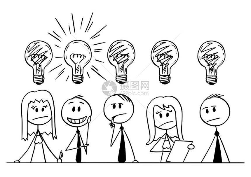 卡通棍棒人绘制由5个商和女组成的群体概念图思考上面灯泡的问题其中一个问题解决了其中的一个集思广益和团队合作的概念图片