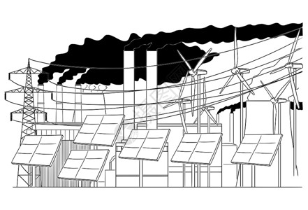 电网基础设施要素的概念图解包括煤炭太阳能和风发电厂以及高压流背景图片