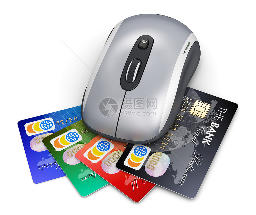 创意抽象在线货币购物和互联网银行商业技术概念无线激光计算机PC鼠标和白背景孤立的彩色信用卡图片