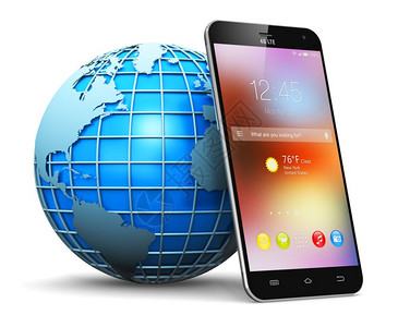 全球无线通信技术和移动互联网络商务概念蓝色地球行星图和现代金属黑色光闪触摸屏智能手机与白色背景孤立的彩图标和按钮的多彩界面背景图片