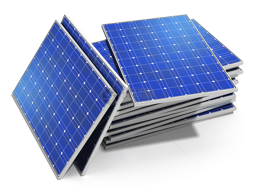 创意太阳能发电技术替代能源和环境保护生态商业概念一组堆叠式太阳能电池板准备安装和白底隔离置图片