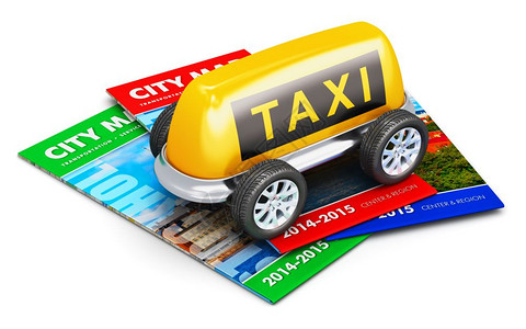 创意抽象旅行游观光和出租车服务商业运输概念用黄色出租车标志制作的玩具车配有彩色城市指南上的汽车轮子白色背景孤立的彩城市指南背景图片