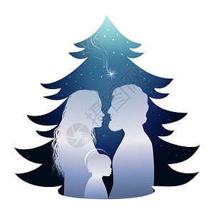 与神圣的家族隔离诞树天场景月光肖像JosephMary和蓝背景的宝Jesus背景图片