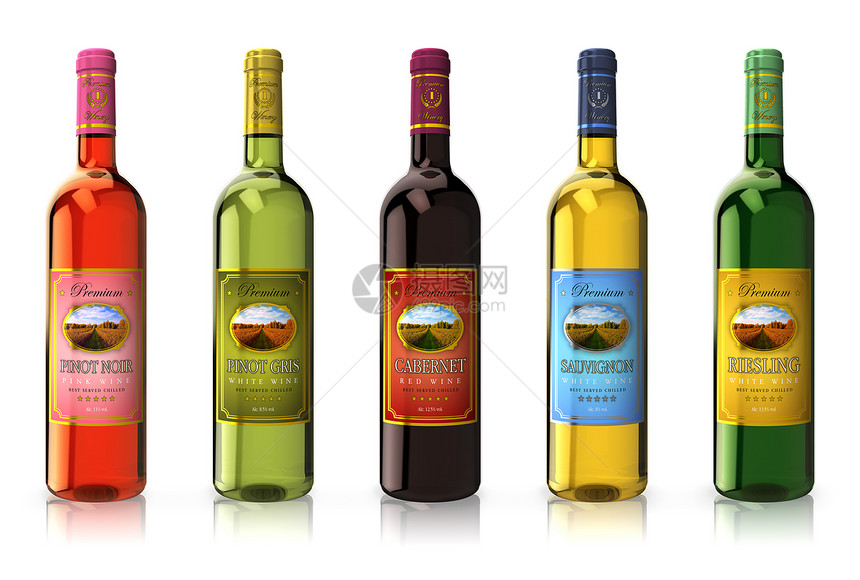 一组红酒瓶和白有不同种类的红酒和白瓶以色反射背景隔离图片