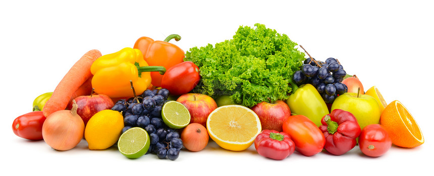 大堆成熟的水果和蔬菜以白色背景隔离用于项目图片