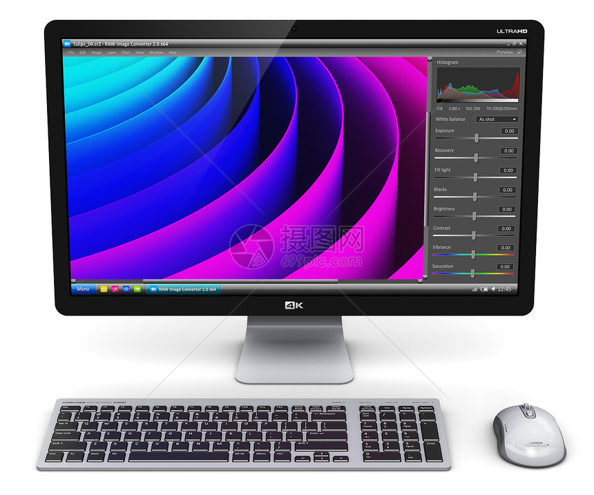 3D演示现代专业台式计算机化工作站用屏幕或显示器现代专业台式计算机工作站配有照片编辑软件应用程序或键盘和白背景鼠标的彩色屏幕界面图片