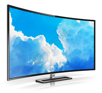 电信电视创意抽象超高定义数字电视屏幕技术概念3D显示曲线的OLED4KUltraHD电视或计算机个人电脑显示器的蓝色天空彩多白背景上孤立背景