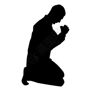 基督教祈祷男人在膝盖上祈祷双影图标黑色矢量显示平板风格简单图像插画