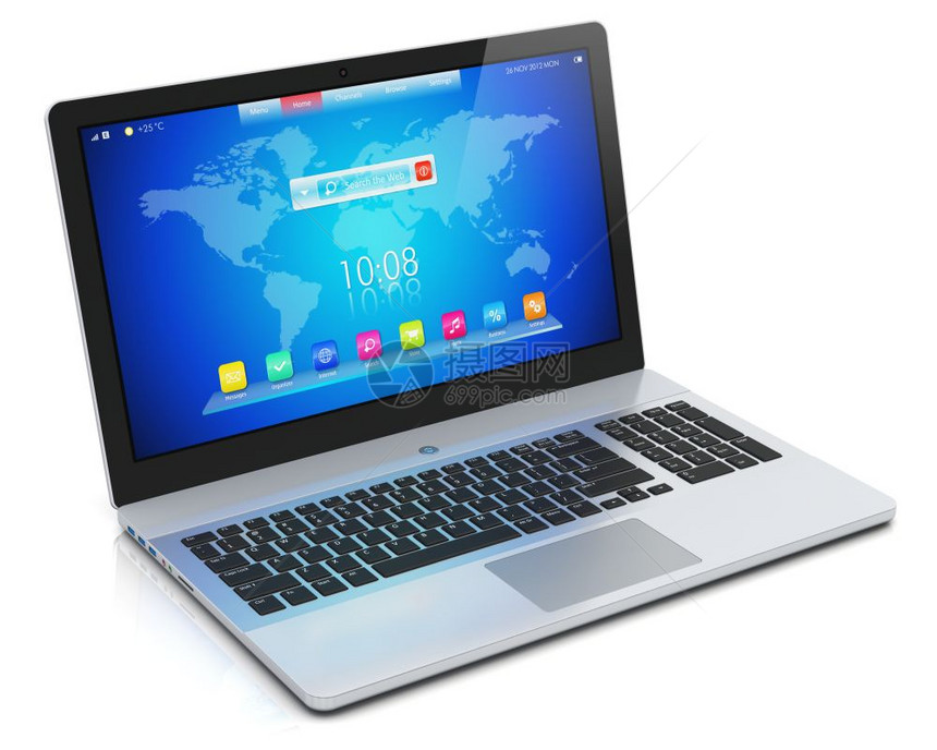 移动个人电脑计算机概念现代铝业笔记本电脑或金属银办公室笔记本蓝屏幕界面以白色背景与反射效果隔离图片