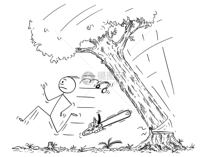 卡通棒绘制伐木工人逃离落树而伐木工人的概念插图失败或错误的比喻Lumberbrack的卡通从倒树而来infowhatsthis图片