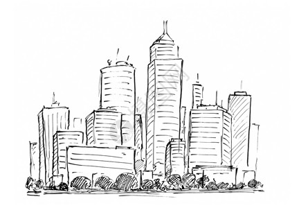黑色刷子和墨水艺术粗手图画通用城市高楼风景和摩天大楼黑色墨水画通用城市高楼风景和Skyscraper大楼背景图片