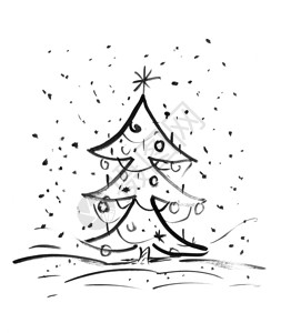 画着圣诞树的站在外面雪花下着装饰黑色墨水手画着圣诞树的门外图片