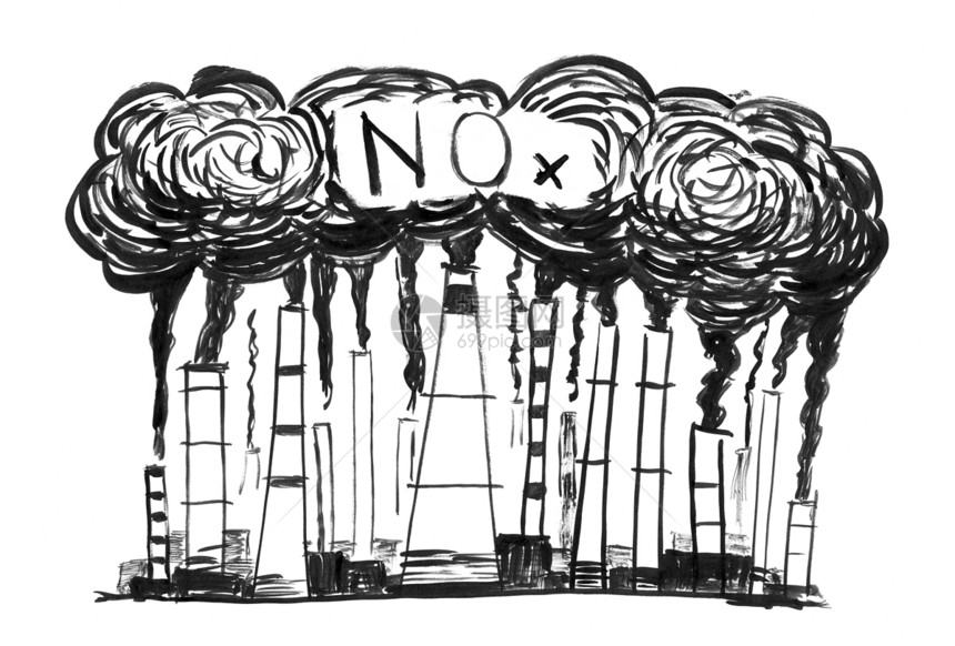 工业或厂烟囱进入空气中的烟雾和囱的黑刷和墨水艺术粗手绘画氧化氮或NOx空气污染的环境概念图片
