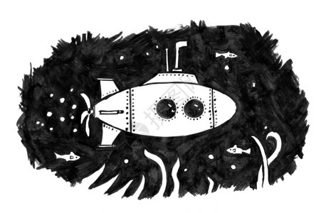 海底下潜的回溯水艇黑笔和墨水手绘画图片
