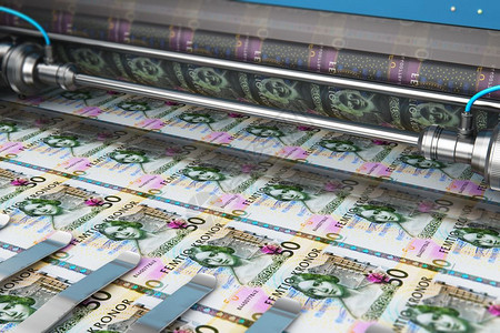 商业成功金融银行会计和货币创造概念印刷机品50瑞典克朗货币纸钞图片