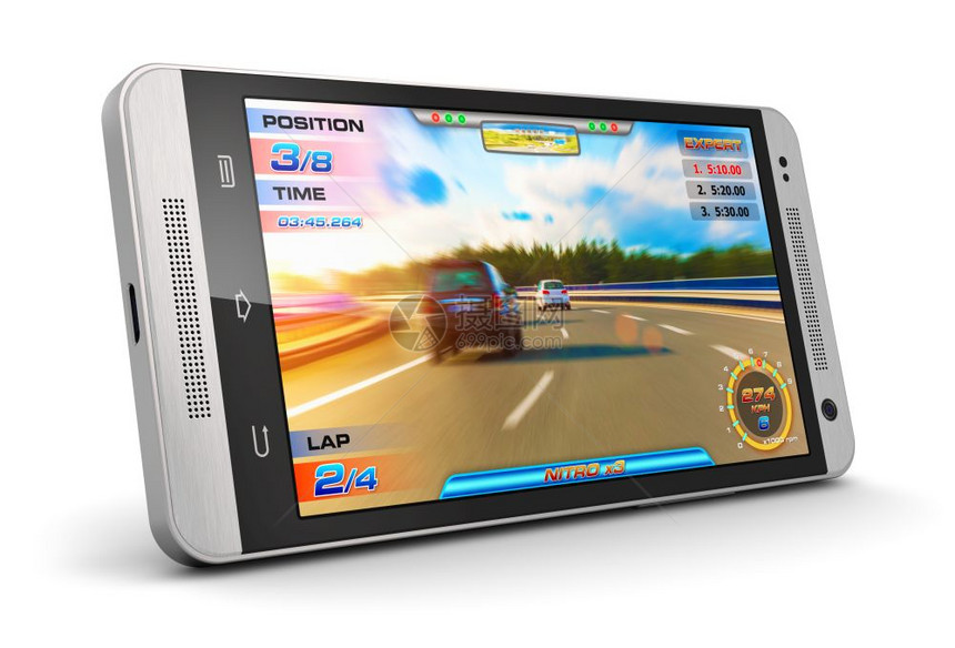 具有创意的抽象移动游戏和计算机娱乐技术概念现代黑色光滑触摸屏智能手机与白背景的视频游戏隔绝图片