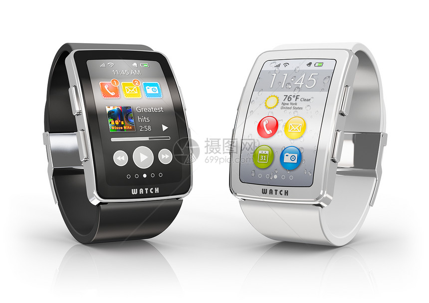 创意商业流动和现代移式可穿戴设备技术概念两个颜色数字智能手表或时钟在白色背景上隔离带有反射效果的多彩屏幕界面图片
