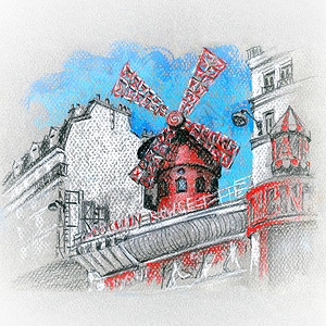 与巴黎的卡莱特红磨坊一起绘制城市风景的草图图片