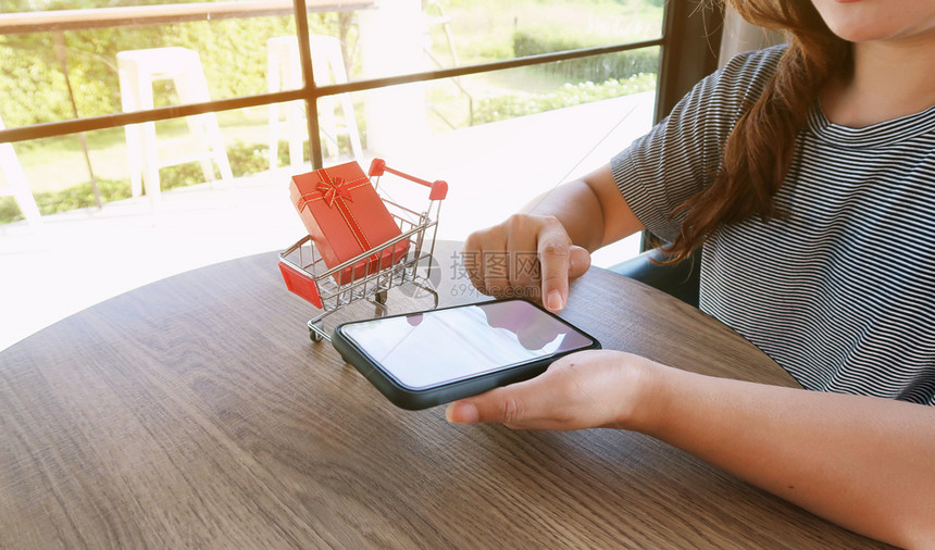带有智能手机的小型妇女购物车用于互联网在线购物概念图片