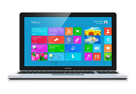 微软图标现代商务办公室便携式手提笔记本电脑或与白色背景有反射效果的彩色图标隔开触摸屏接口背景