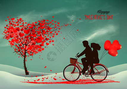 Valentrs日背景带有心脏形状的芭蕾舞曲和有硅色的自行车矢量图片