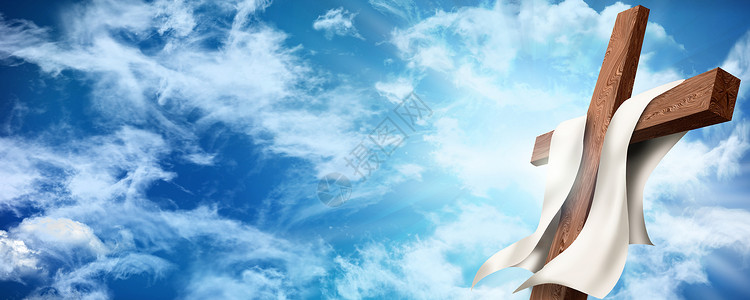 网络横幅复活或复活节概念木质在云层的天空背景上3d插图宽恕高清图片素材