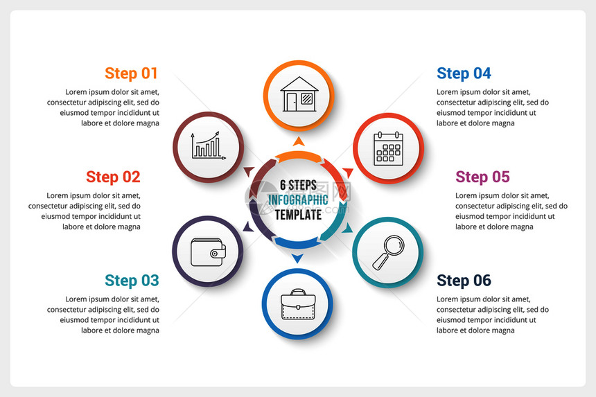 包含六个元素的圆形信息图模板可用作进程图步骤选项矢量eps10插图图片