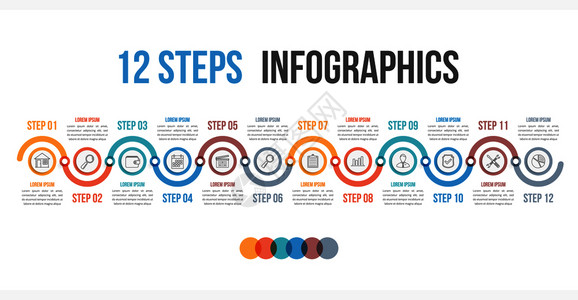 包含12个步骤或选项工作流程图矢量eps10插图的表模板商业高清图片素材