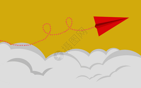 虚线风筝素材红纸飞机在黄色背景下飞3D投影背景