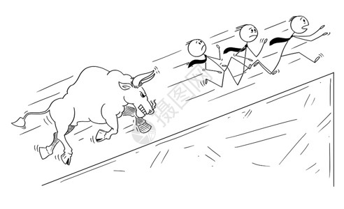 卡通棍在概念上描绘了一群商人从愤怒的公牛向上攀升市场价格象征但最后的结局是Casm卡通商人集团的卡通正在从愤怒的公牛向上攀升市场插画