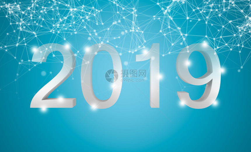 2019年新快乐白文本蓝色背景有颗粒网络连接线3d插图图片