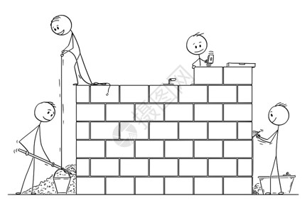 用木砖块或石壁房屋的砖匠群构筑墙壁或房屋的概念图解高清图片