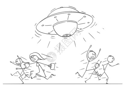一群惊慌逃离害怕被飞碟抓住的火柴人卡通矢量插图图片