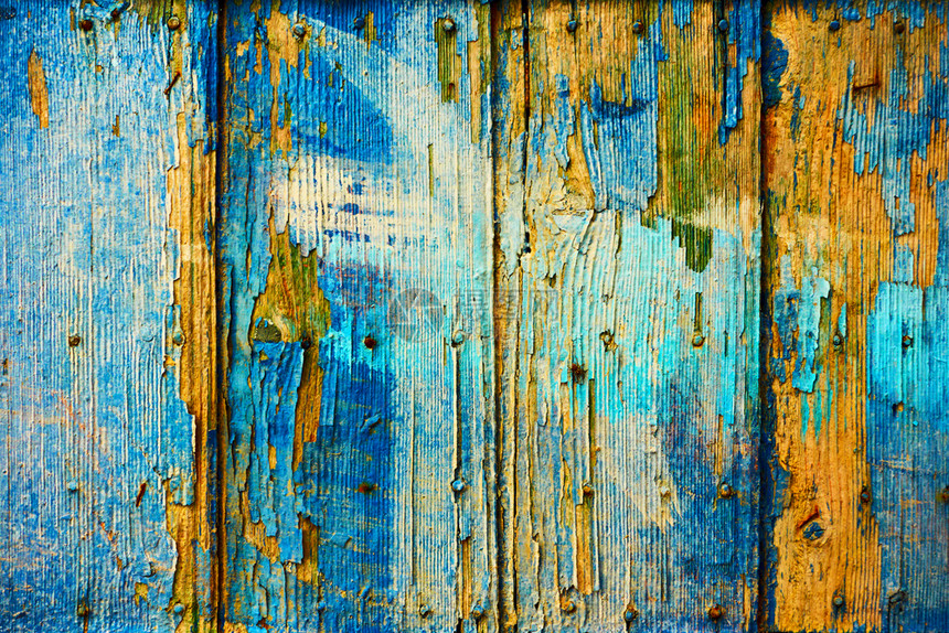 旧木板涂有粉白蓝漆的旧木板可用作背景材料图片