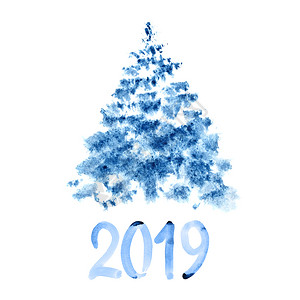 新年2019蓝色水彩圣诞树背景图片