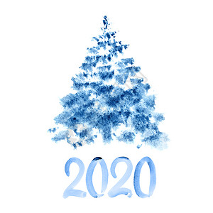 圣诞节手绘水彩20年新蓝色水彩圣诞树背景