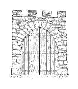 中世纪门由WoodenDoor关闭的石头中世纪决定门的卡通背景